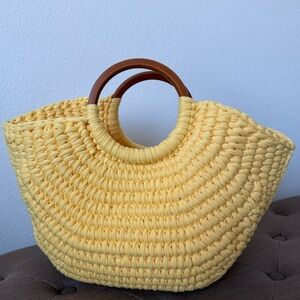 Woven Handbag with Wooden Handles - Yellow